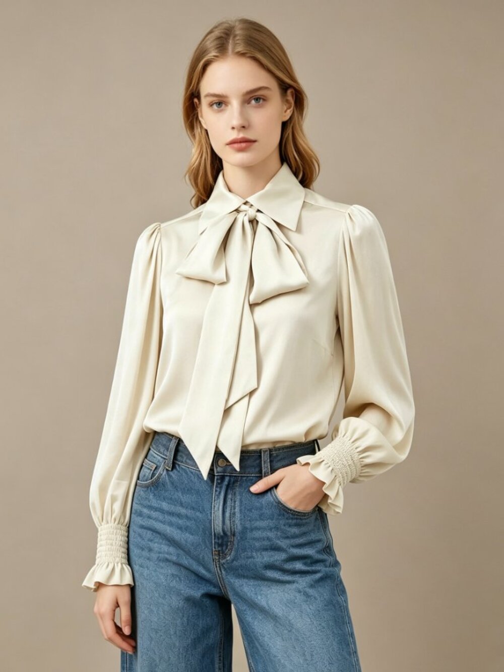 NWOT SEE BY CHLOÉ Tie-Neck Twill Blouse Khaki Size 40/8 Long Sleeves Ruffles